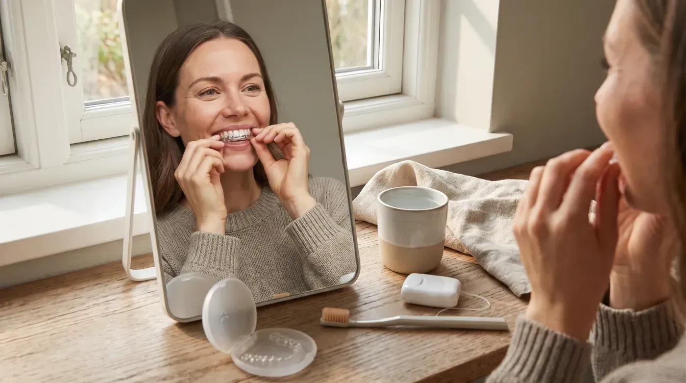 Paciente sorrindo no espelho ajustando o novo alinhador nos dentes.